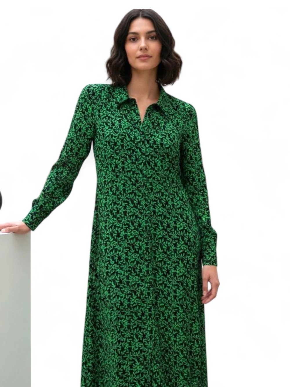 Zara green leaf print button-down shirt dress